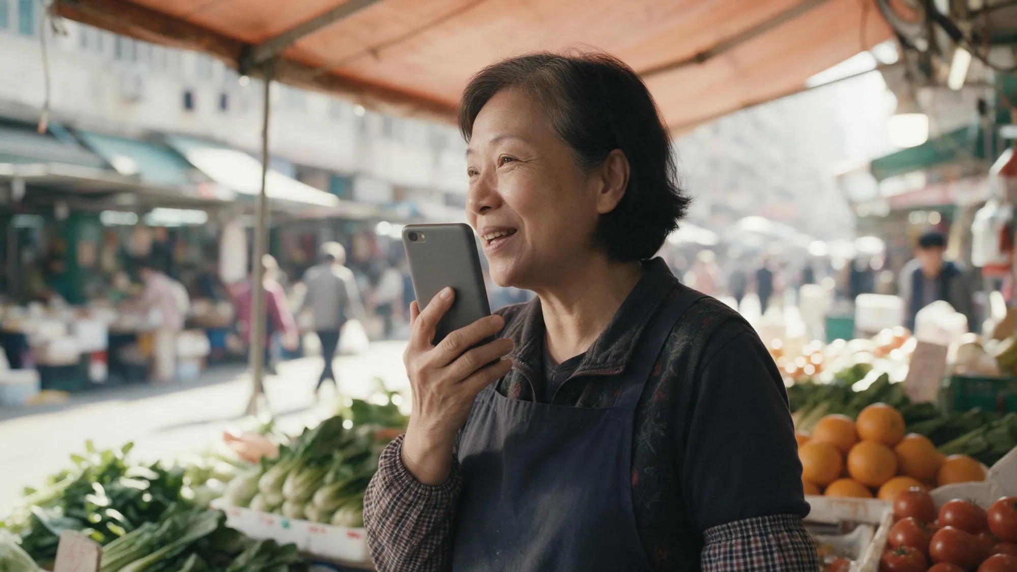 街市檔主喺橙色帆布篷下面,拎住手機講 voice message